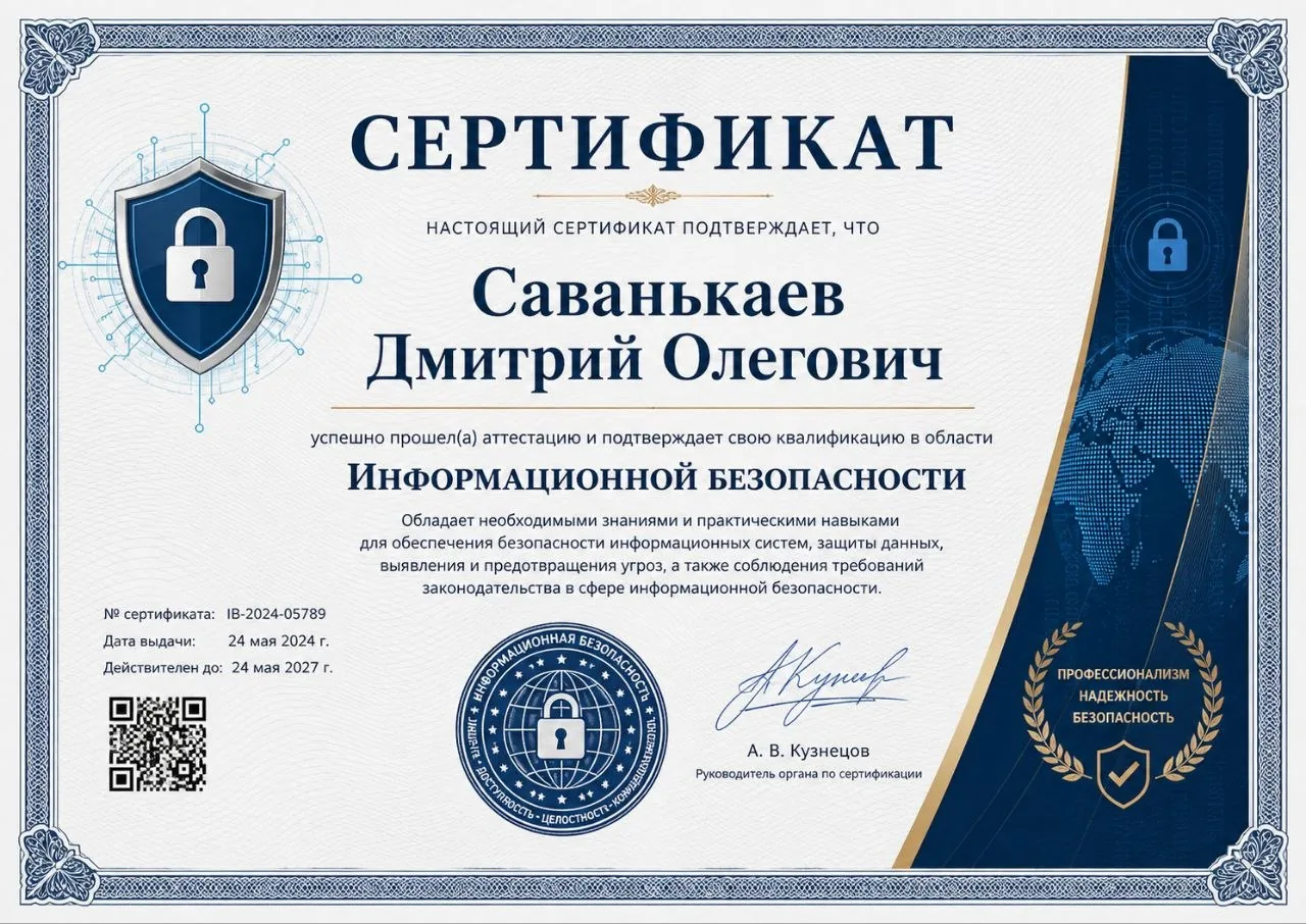 Сертификат по информационной безопасности — Саванькаев Дмитрий