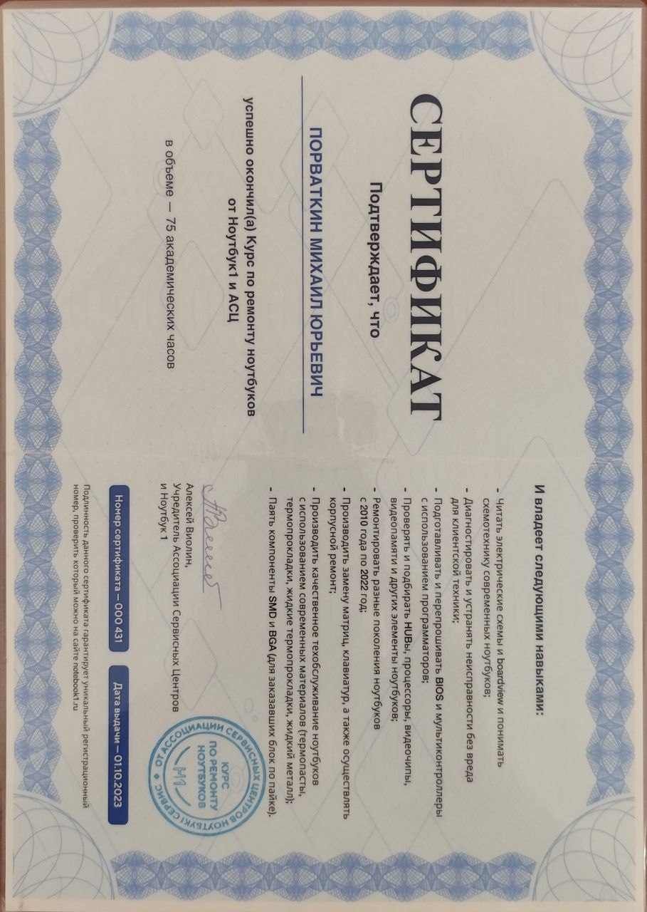 Сертификат об окончании курсов мастера Михаила Порваткина — SPTech24